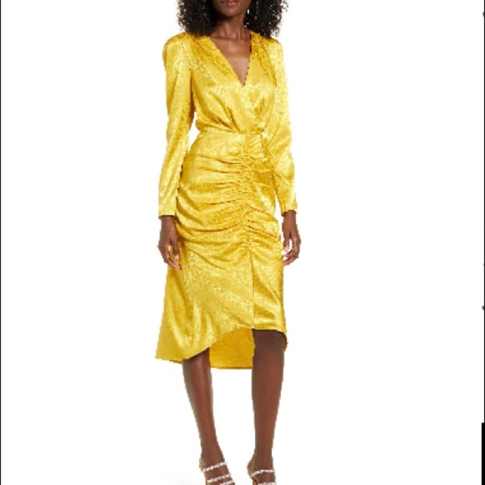 Ruched long sleeve midi dress.